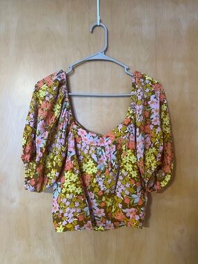Billabong Olive Multi Floral Puff-Sleeve Square Neck Top